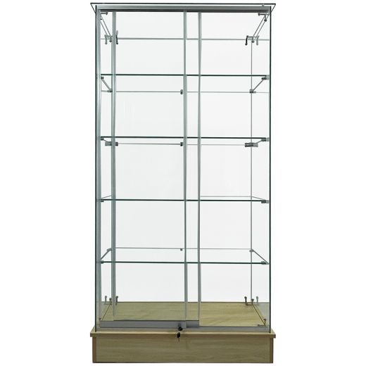 Glass Display Case with Glass Shelves, Natural Finish
